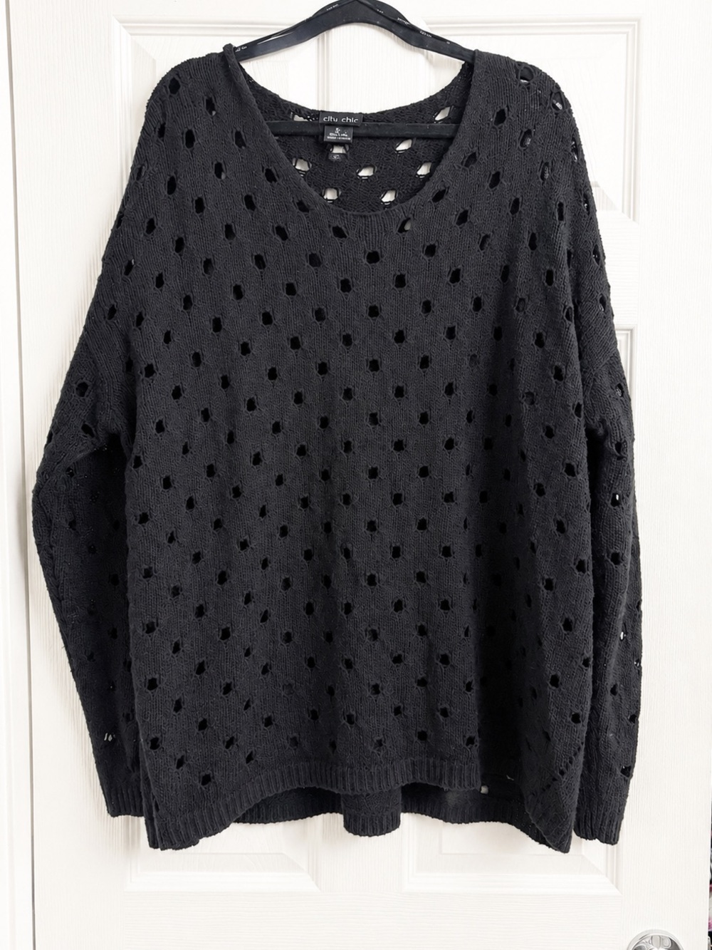 City Chic Black Distressed Open-Knit Crew Sweater- size 20